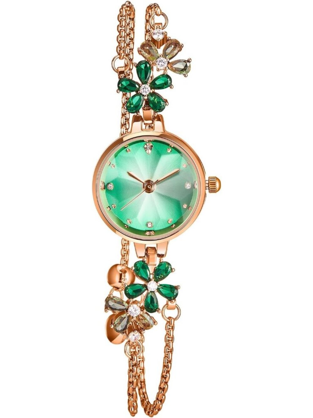 Women's Green Gold Bracelet Strap with Diamonds Waterproof Quartz Crystals Watch - Picture 2 of 6